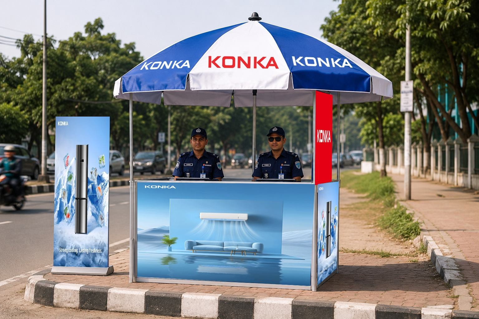 Konka branded roadside canvas umbrella kiosk