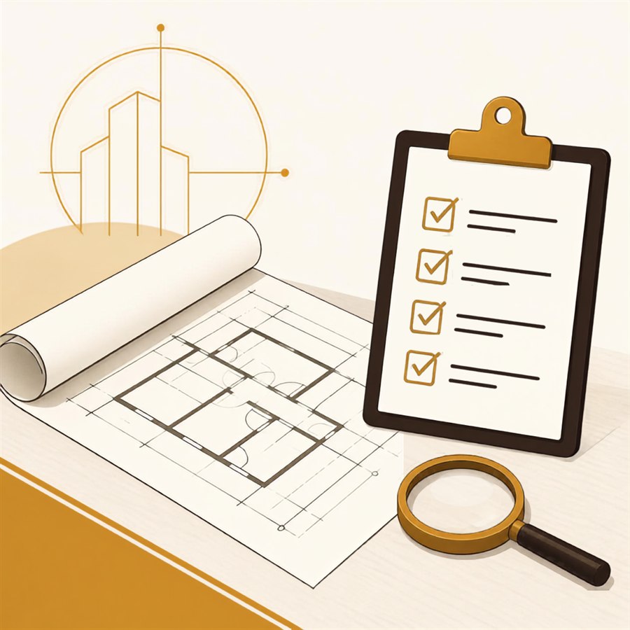 Architectural floor plan blueprint with project checklist and magnifying glass