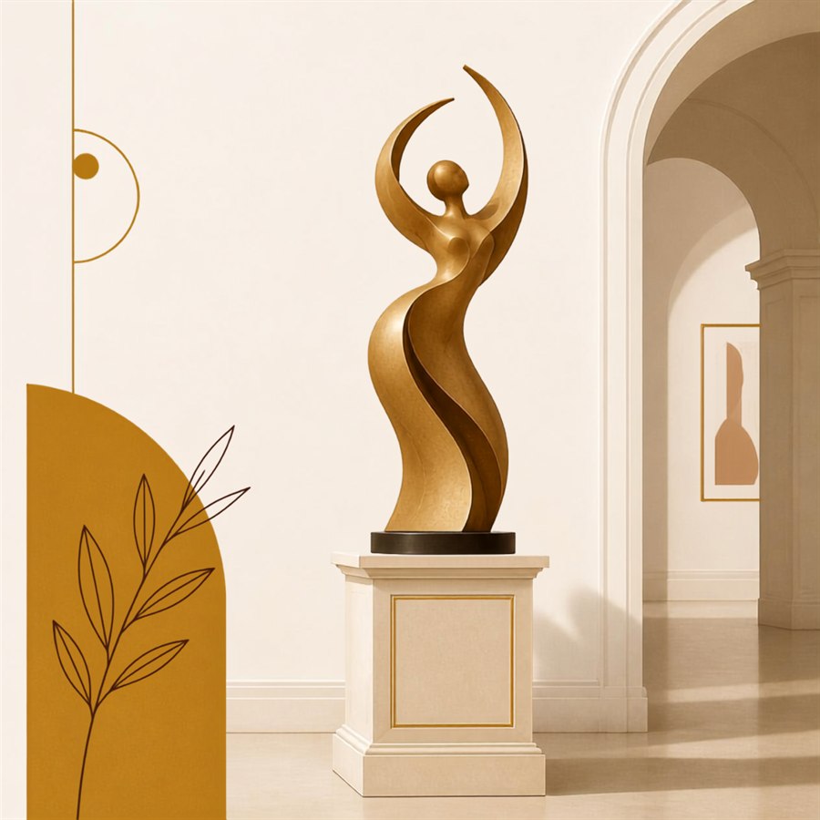 Golden sculpture on a pedestal in a gallery hall