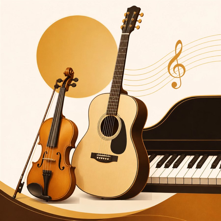 Violin, acoustic guitar and piano keyboard