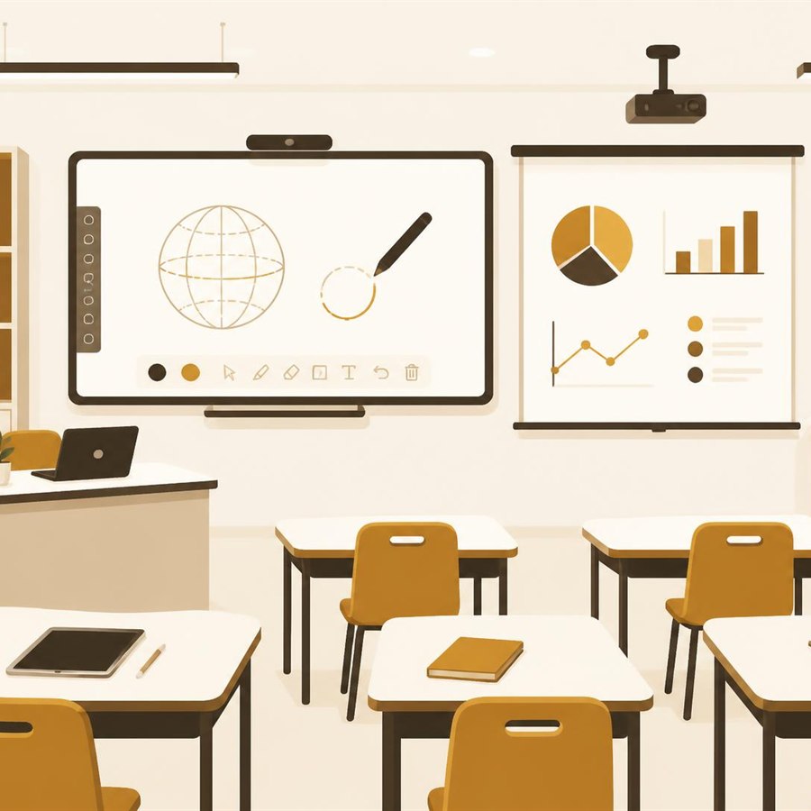 Smart classroom with interactive display, projector screen and student desks